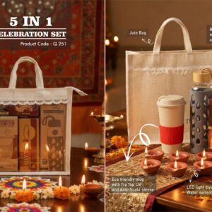 Q251 – Celebrations Set of 4: Tall Bamboo Fiber Mug, Borosilicate glass bottle with Silicon Sleeve, Sugarfree D’Lite Cookies, LED Light Diya Set of 6 in Jute Gift Bag