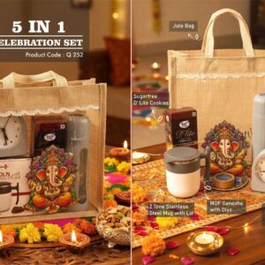 Q252 – Celebrations Set of 5: Premium SS mug, Sugarfree D’Lite Cookies, Rechargeable Backlight Alarm Clock, Groove texture Glass bottle, MDF Ganesha with Diya in Jute Gift Bag