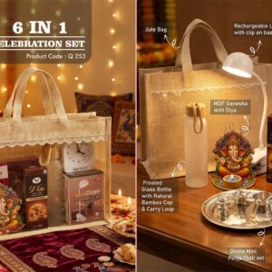 Q253 – Celebrations Set of 6: Frosted glass bottle with bamboo cap, Rechargeable Backlight Alarm Clock, Divine Mini Pooja Thali Set, MDF Ganesha with Diya, Sugarfree D’Lite Cookies, Rechargeable Lamp with Clip on Base in Jute Gift Bag