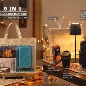 Q254 – Celebrations Set of 4: ZigLume Rechargeable Lamp, Glass Mug with Silicon Cover, Hard Shell Travel Organizer, Sugarfree D’Lite Cookies in Jute Gift Bag