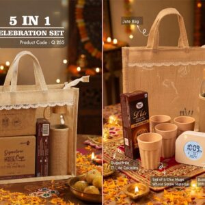 Q255 – Celebrations Set of 4: LCD Timer Clock with Backlight, 4 x Eco Chai Mug Set, Glass bottle with Jute sleeve, Sugarfree D’Lite Cookies in Jute Gift Bag