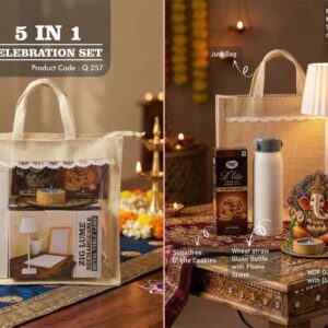 Q257 – Celebrations Set of 4: ZigLume Rechargeable Lamp, Glass bottle with phone stand, MDF Ganesha with Diya, Sugarfree D’Lite Cookies in Jute Gift Bag