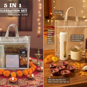 Q258 – Celebrations Set of 4: Groove texture Glass bottle, Mini Glass mug, LED Light Diya Set of 6, Sugarfree D’Lite Cookies in Jute Gift Bag