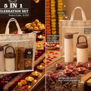 Q259 – Celebrations Set of 4: Glass bottle with Silicon strap, Glass jar with phone stand, LED Light Diya Set of 6, Sugarfree D’Lite Cookies in Jute Gift Bag