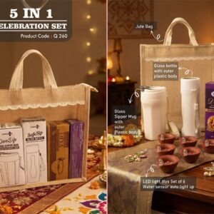 Q260 – Celebrations Set of 4: Duosip Tall Glass mug, Glass bottle with Metal plate, LED Light Diya Set of 6, Sugarfree D’Lite Cookies in Jute Gift Bag