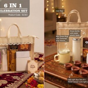 Q261 – Celebrations Set of 5: TV style clock with Backlight, Glass bottle with chrome lid, Mini Glass mug, LED Light Diya Set of 6, Sugarfree D’Lite Cookies in Jute Gift Bag
