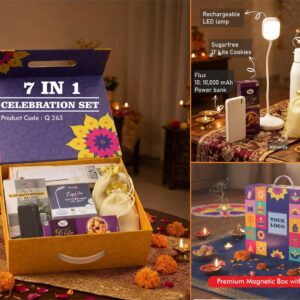 Q262 – Celebrations Set of 7: RGB Clock with Bluetooth speaker, Glass bottle with Jute sleeve, Rechargeable Table Lamp, LED Light Diya Set of 6, Almonds in pouch packing, Cashews in pouch packing, Sugarfree D’Lite Cookies in Jute Gift Bag