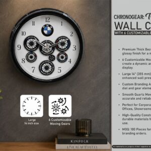 W15 – ChronoGear Canvas: Thick Bezel Wall clock with 6 Customizable moving gears | Large 14″ clock size | Dial size 275mm | Branding MOQ 100 pc