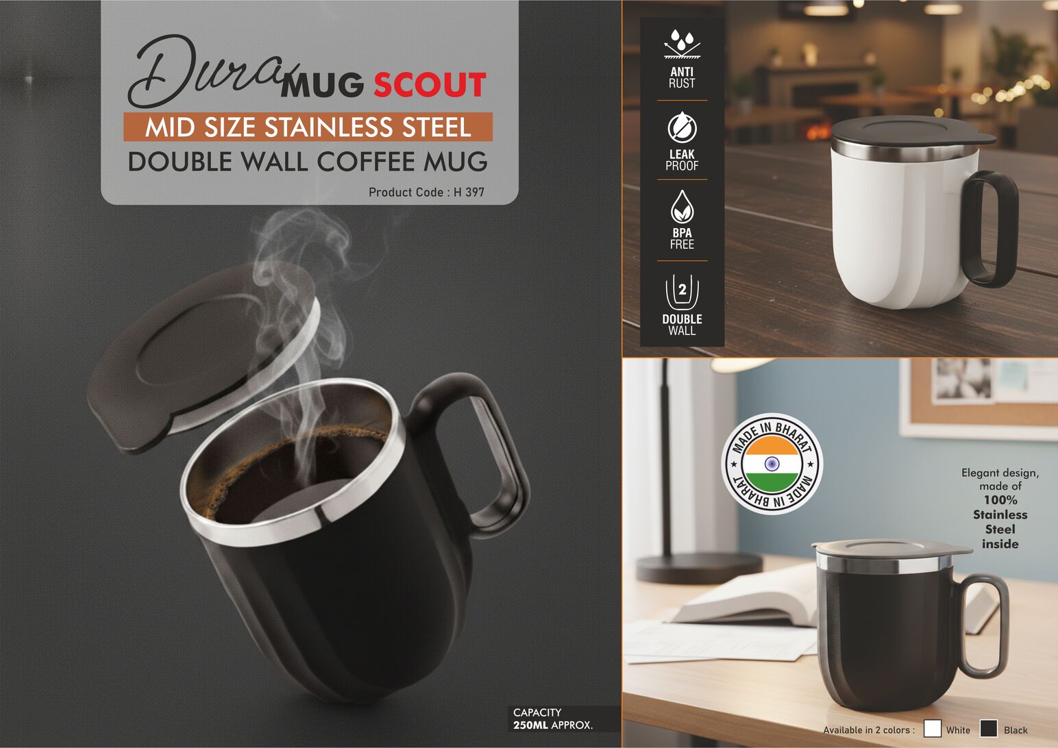 H397 – DuraMug Scout: Mid Size Stainless Steel Double wall Coffee mug | Leak Proof | Capacity 250ml approx