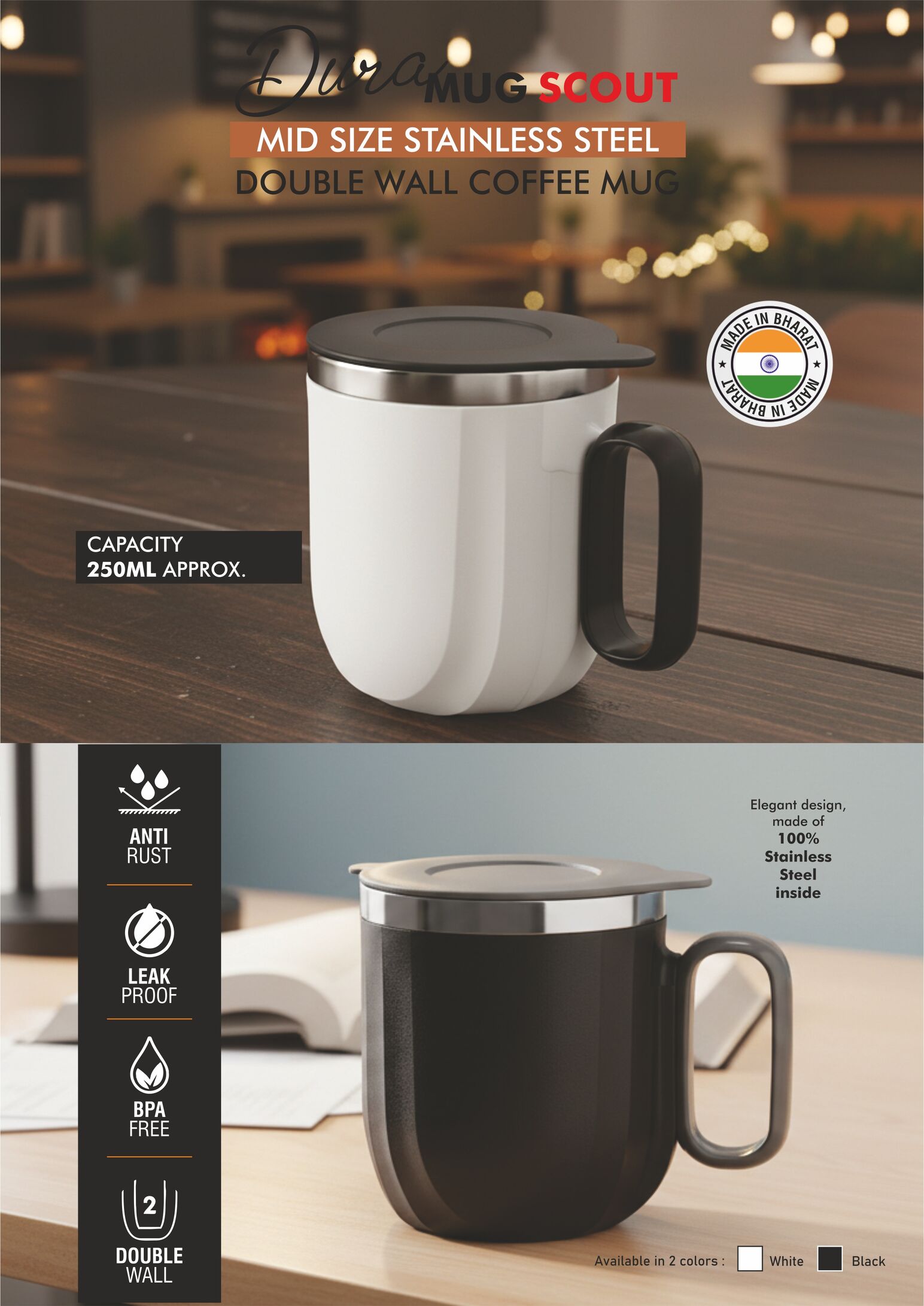 H397 – DuraMug Scout: Mid Size Stainless Steel Double wall Coffee mug | Leak Proof | Capacity 250ml approx - Image 3