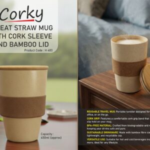 H403 – Corky: Wheat straw mug with cork sleeve and Bamboo Lid | Capacity 450ml (approx)