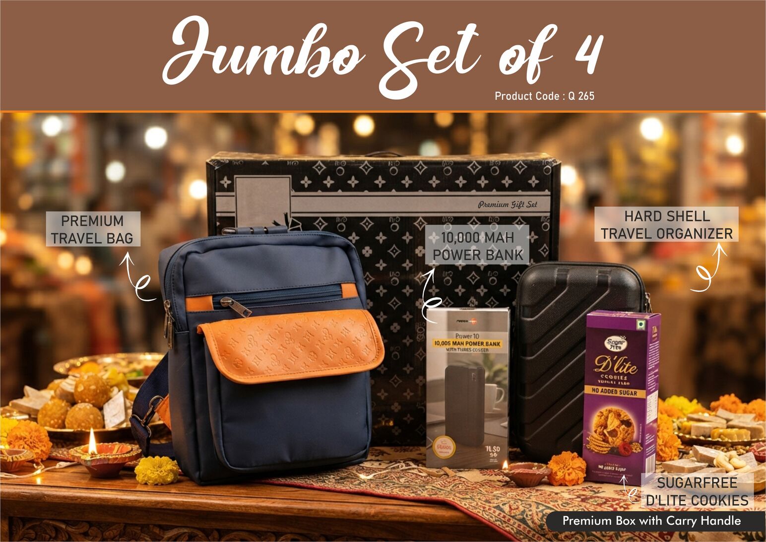 Q265 – Jumbo Set of 4: Premium Travel Bag, Hard Shell Travel Organizer, 10,000 mAh Power Bank, Sugarfree D’Lite Cookies in Gift Box