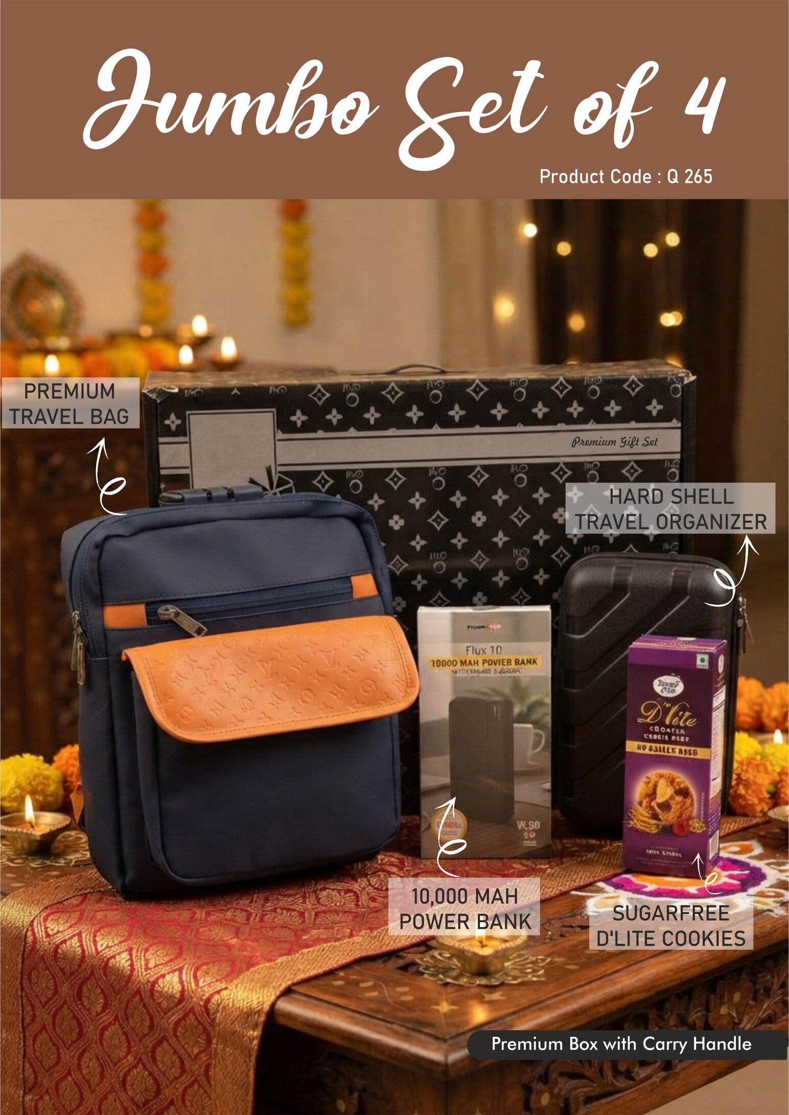 Q265 – Jumbo Set of 4: Premium Travel Bag, Hard Shell Travel Organizer, 10,000 mAh Power Bank, Sugarfree D’Lite Cookies in Gift Box