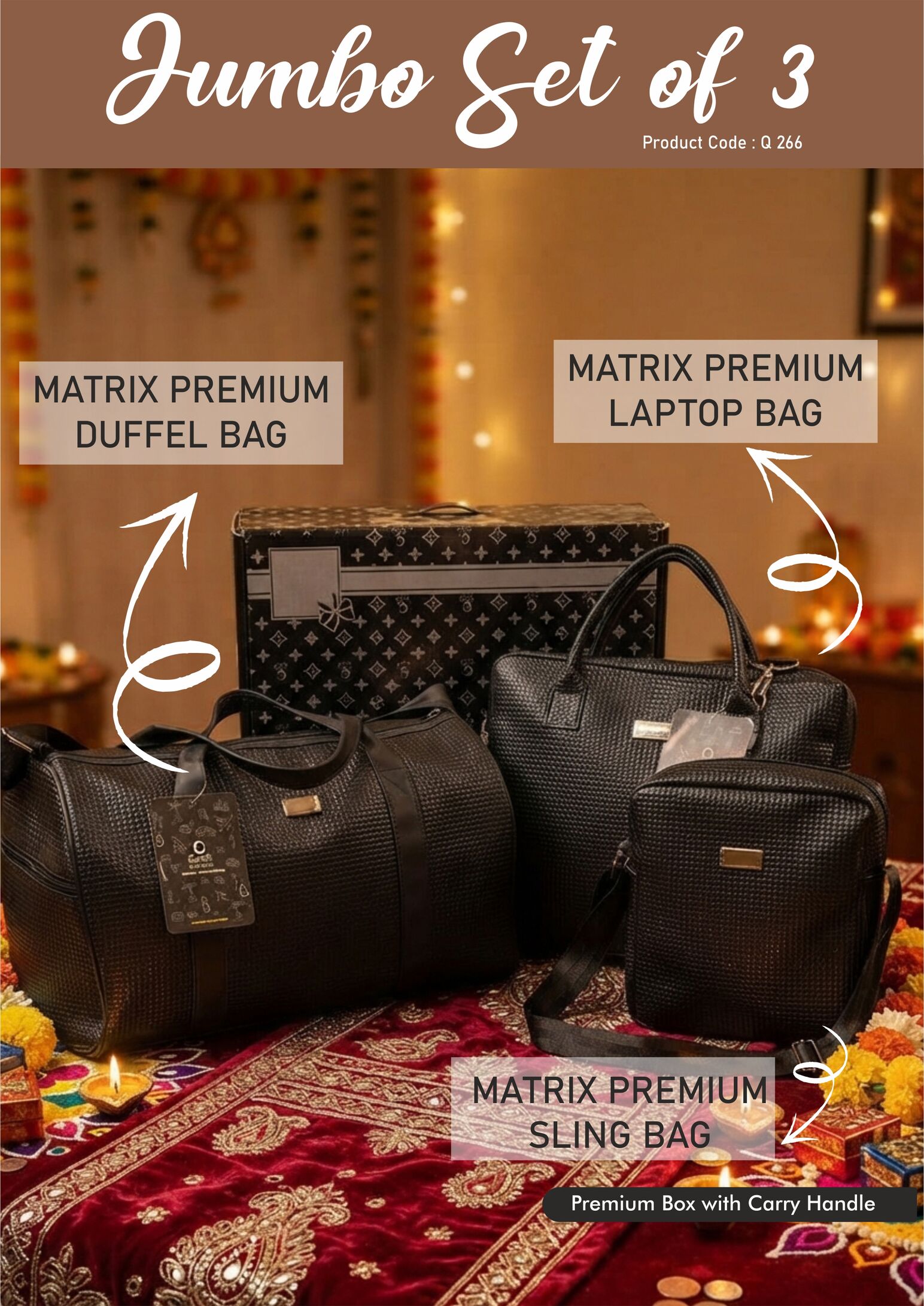 Q266 – Jumbo Set of 3: Matrix Premium Duffel Bag, Matrix Premium Laptop Bag, Matrix Premium Sling Bag in Gift Box