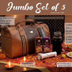 Q267 – Jumbo Set of 5: Croc Premium Duffel Bag, Rechargeable Torch with Lamp, Gallon style glass bottle with Sleeve, Sugarfree D’Lite Cookies in Gift Box