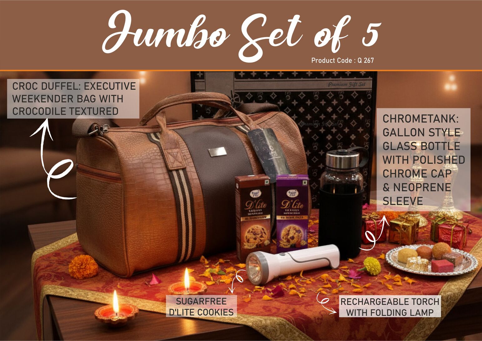 Q267 – Jumbo Set of 5: Croc Premium Duffel Bag, Rechargeable Torch with Lamp, Gallon style glass bottle with Sleeve, Sugarfree D’Lite Cookies in Gift Box