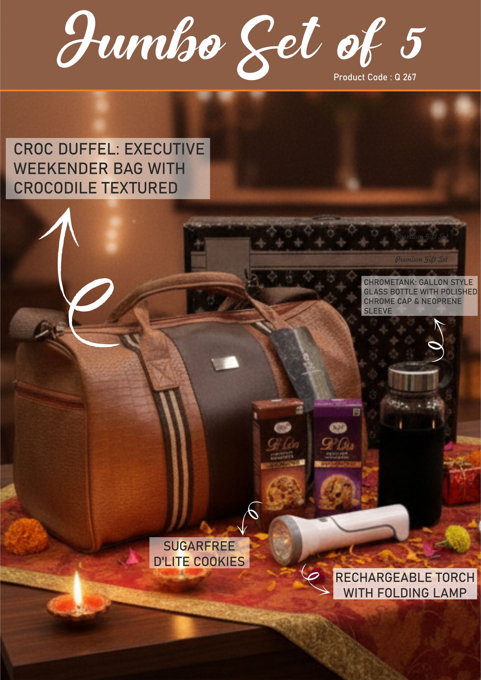 Q267 – Jumbo Set of 5: Croc Premium Duffel Bag, Rechargeable Torch with Lamp, Gallon style glass bottle with Sleeve, Sugarfree D’Lite Cookies in Gift Box - Image 3