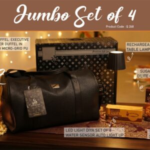 Q268 – Jumbo Set of 4: Matrix Premium Duffel Bag, LED Light Diya Set of 6, ZigLume Rechargeable Lamp, Sugarfree D’Lite Cookies in Gift Box