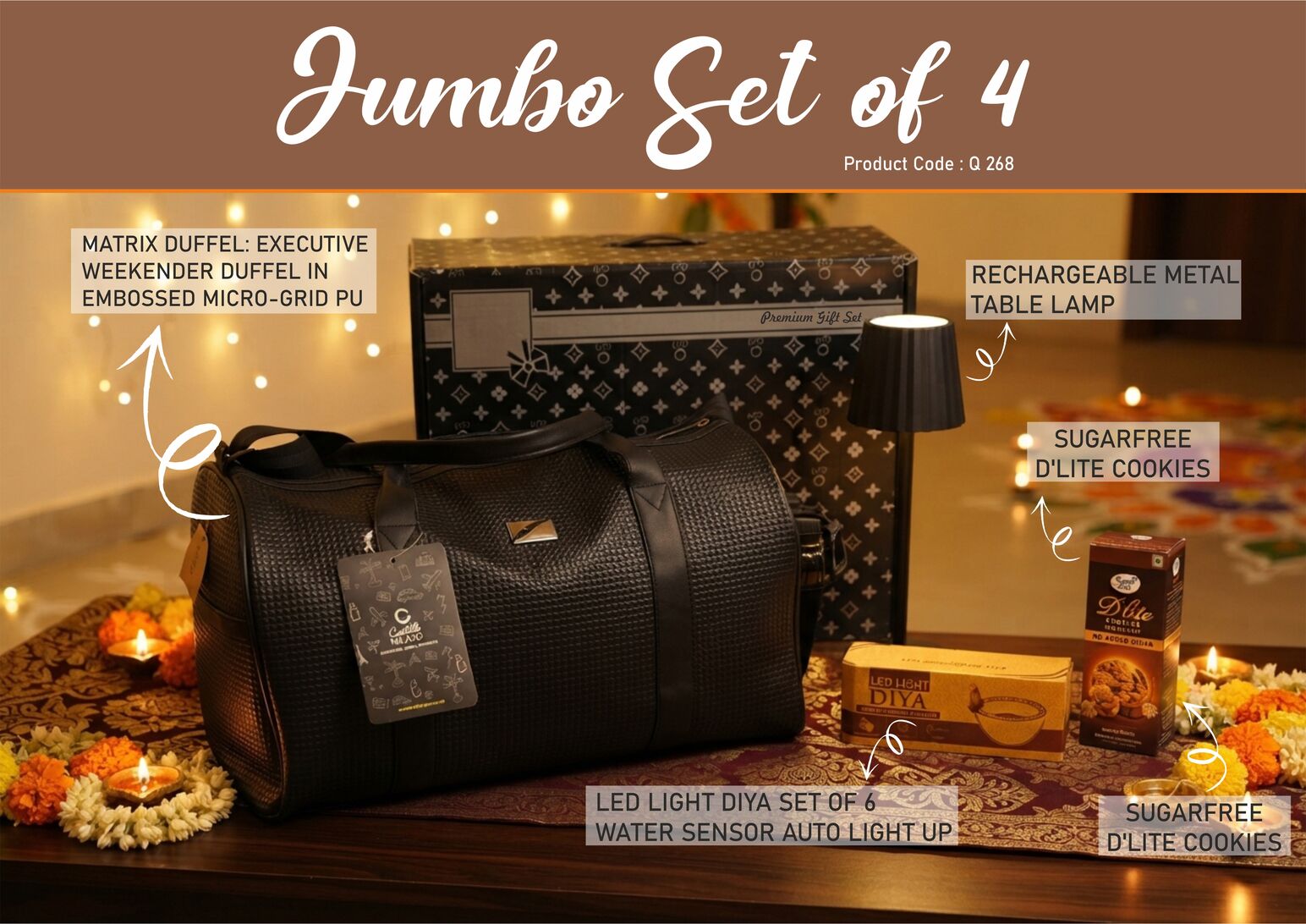 Q268 – Jumbo Set of 4: Matrix Premium Duffel Bag, LED Light Diya Set of 6, ZigLume Rechargeable Lamp, Sugarfree D’Lite Cookies in Gift Box