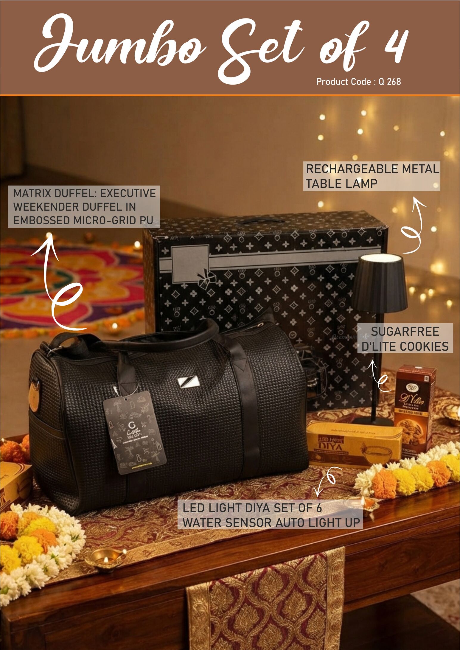 Q268 – Jumbo Set of 4: Matrix Premium Duffel Bag, LED Light Diya Set of 6, ZigLume Rechargeable Lamp, Sugarfree D’Lite Cookies in Gift Box