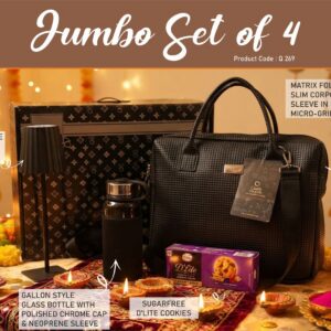 Q269 – Jumbo Set of 4: Matrix Premium Laptop Bag, Gallon style glass bottle with Sleeve, ZigLume Rechargeable Lamp, Sugarfree D’Lite Cookies in Gift Box