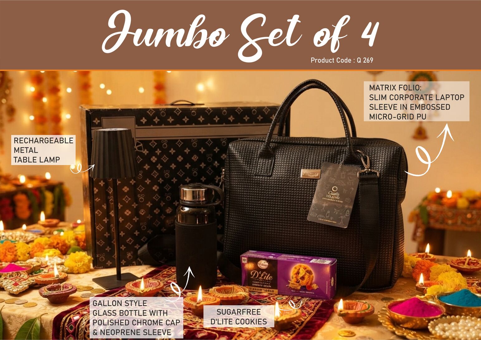 Q269 – Jumbo Set of 4: Matrix Premium Laptop Bag, Gallon style glass bottle with Sleeve, ZigLume Rechargeable Lamp, Sugarfree D’Lite Cookies in Gift Box