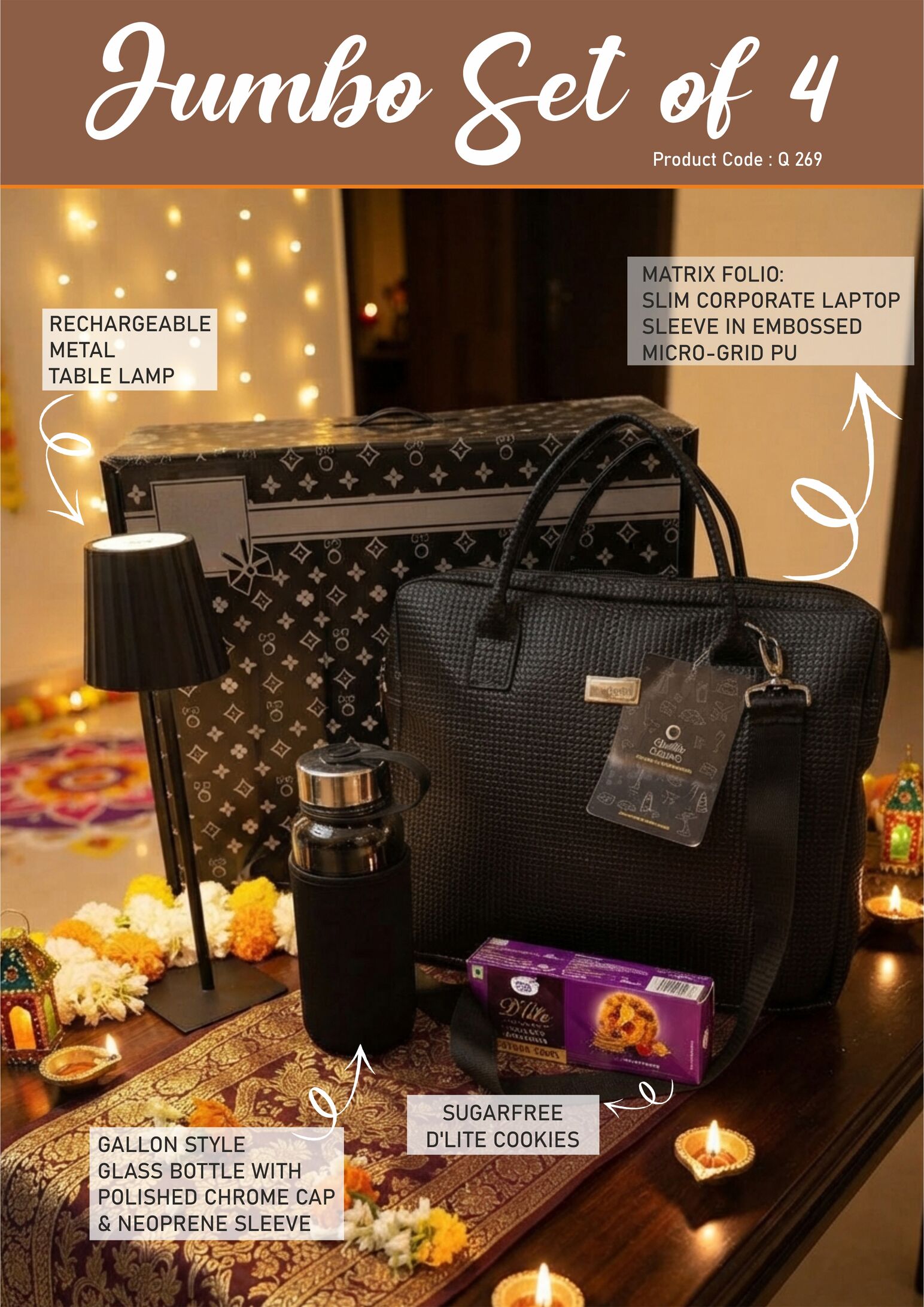 Q269 – Jumbo Set of 4: Matrix Premium Laptop Bag, Gallon style glass bottle with Sleeve, ZigLume Rechargeable Lamp, Sugarfree D’Lite Cookies in Gift Box